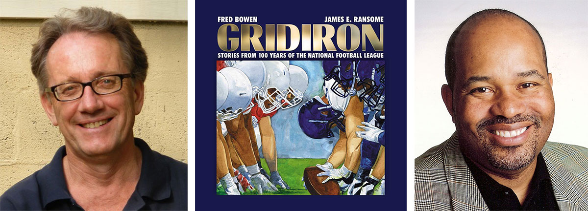 Children's sports writer Fred Bowen, children's book illustrator James Ransome and cover of their book Gridiron: Stories from 100 Years of the National Football League