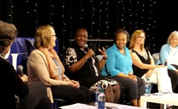 young people's book creators Katherine Paterson, Rita Williams-Garcia, Jeannine Atkins, Heather Lang, and Ekua Holmes in a panel discussion