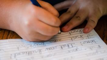 close-up of elementary student writing in a notebook