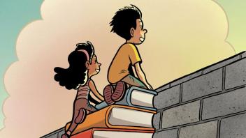 Reading Without Walls graphic of kids climbing a ladder of books