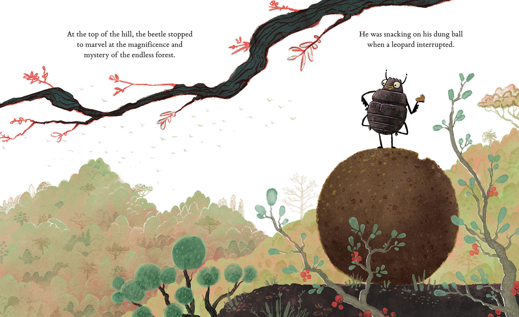 Colorful illustration of a dung beetle sitting on top of his giant dung ball