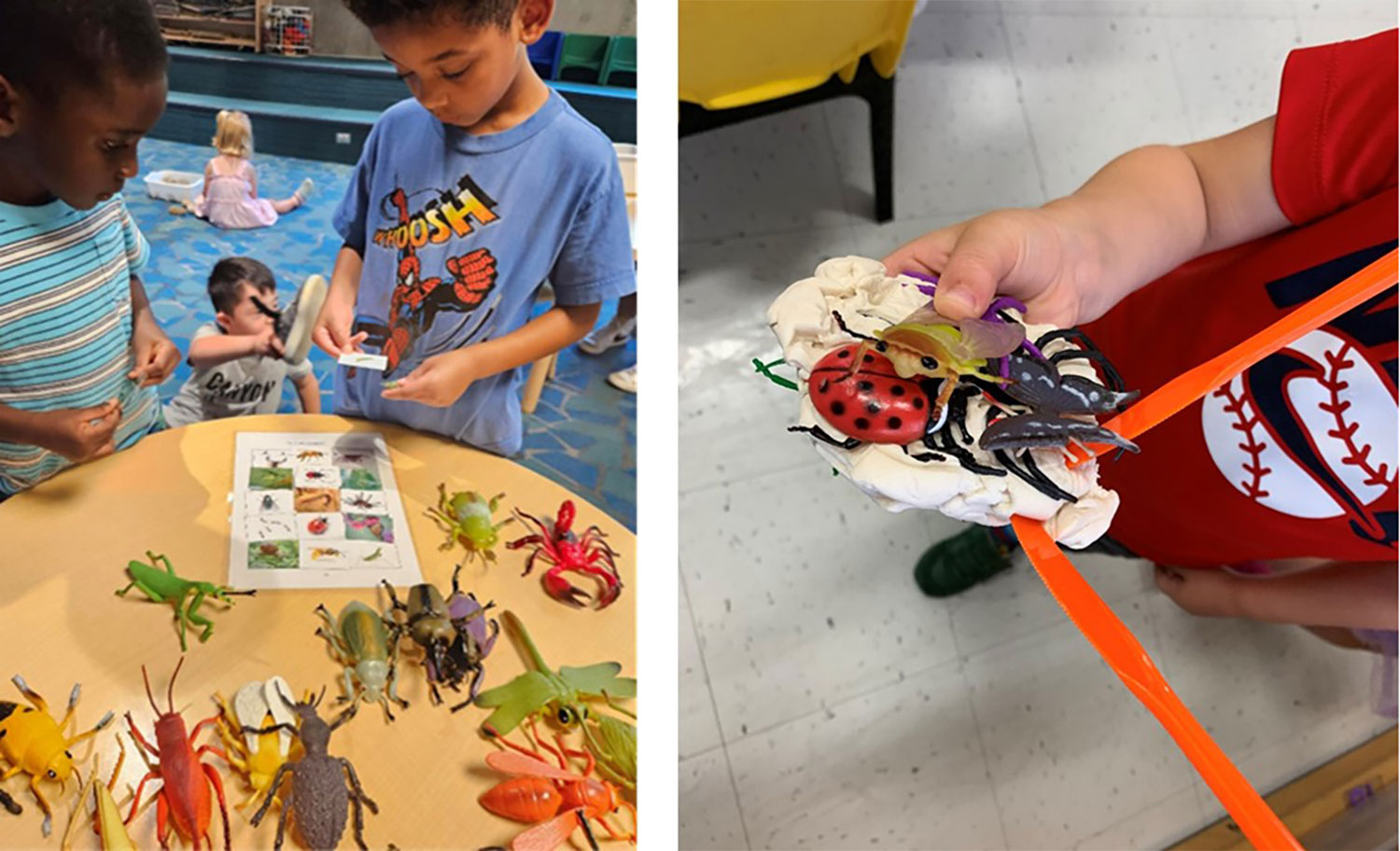 kids matching models of insects