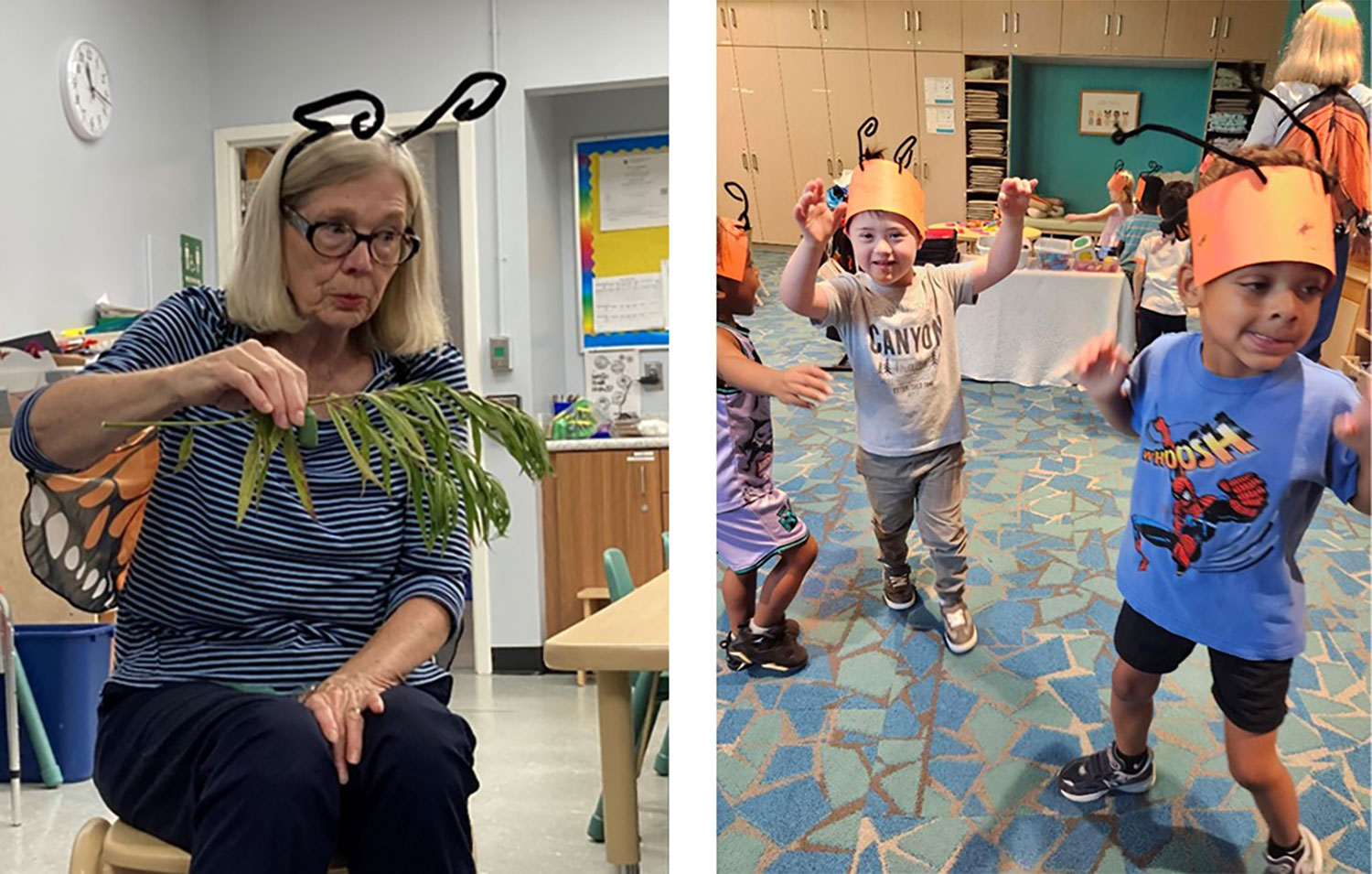 adult sharing milkweed with kids dressed as Monarch butterflies