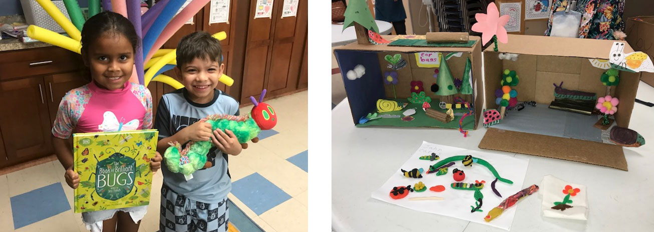 Young kids holding insect book and examples of insect dioramas