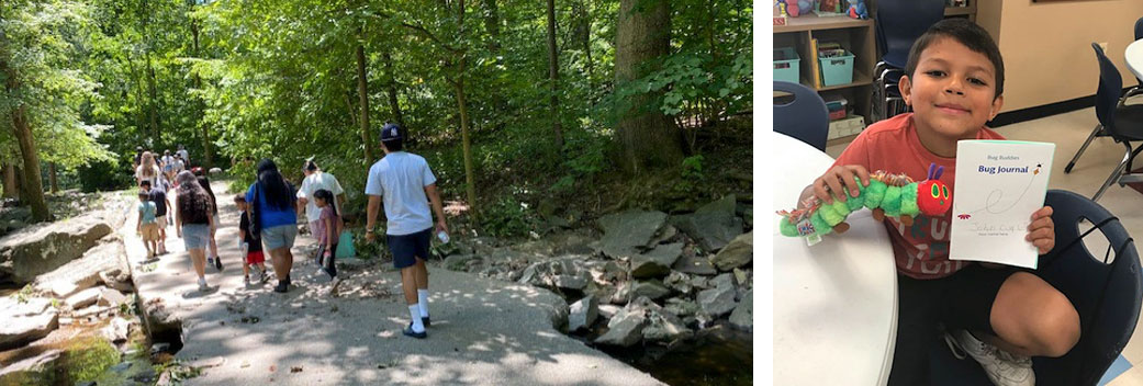 Young kids on nature walk and child showing their bug journal