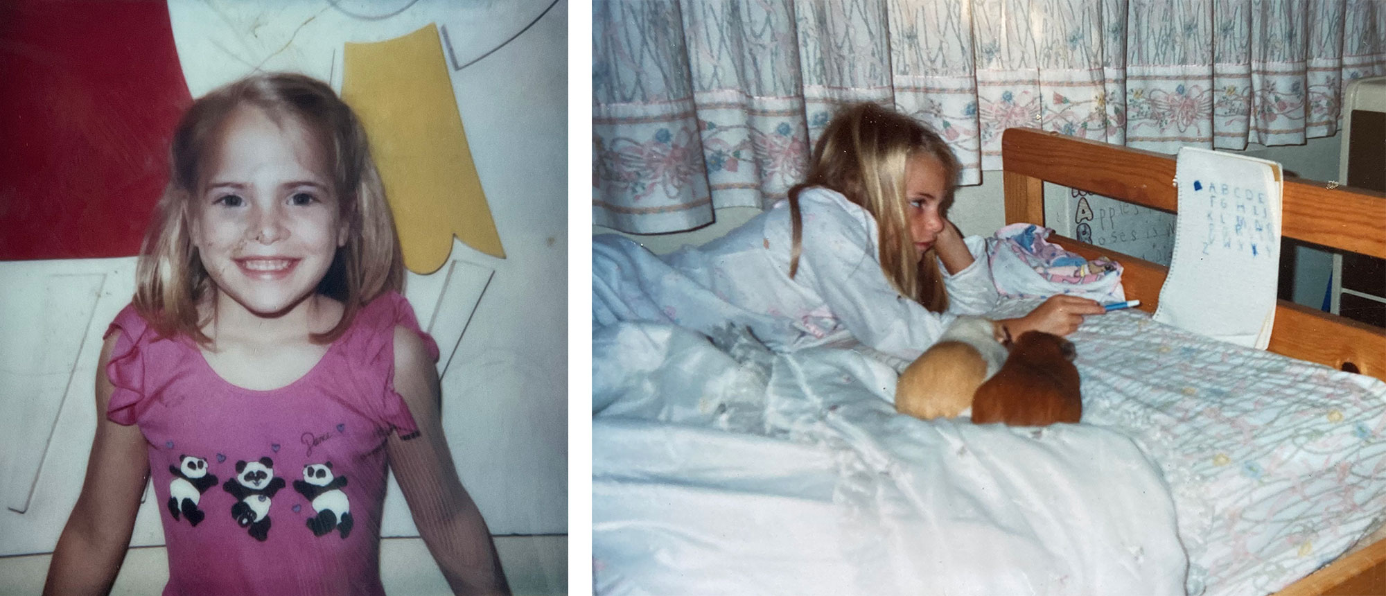 Class photo of first grade girl and reading to her stuffed animals on the bed