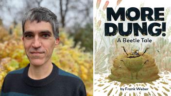 Outdoor portrait of picture book writer Frank Weber wearing a black and blue striped sweater and humorous illustrated book cover featuring a dung beetle and his dung piles
