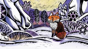 colorful woodcut of a fox in the snow